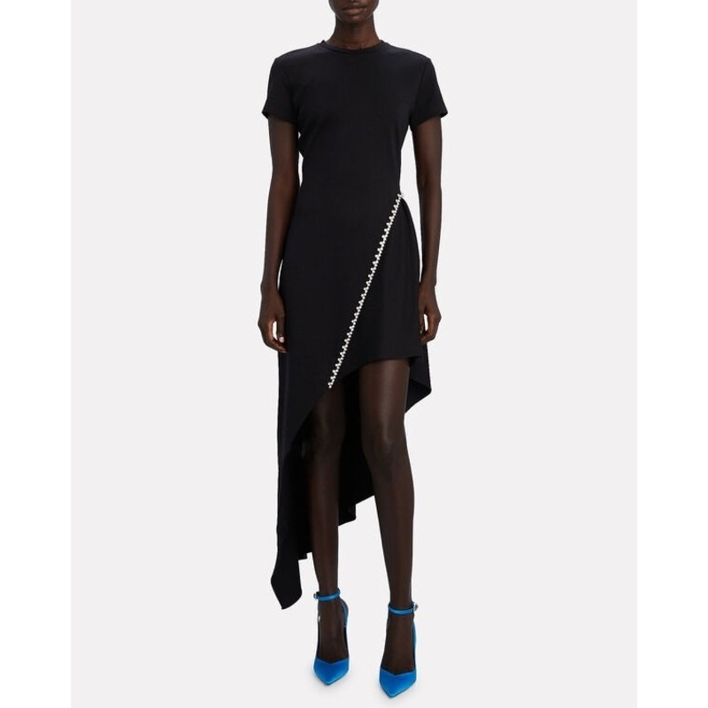 AREA Black Crystal-Embellished Asymmetrical Midi Dress Size Medium